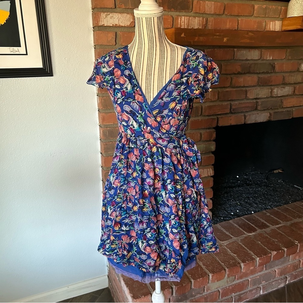 Anthropologie Moulinette Souers Blue Floral Silk Wrap Mini Dress Sz 2